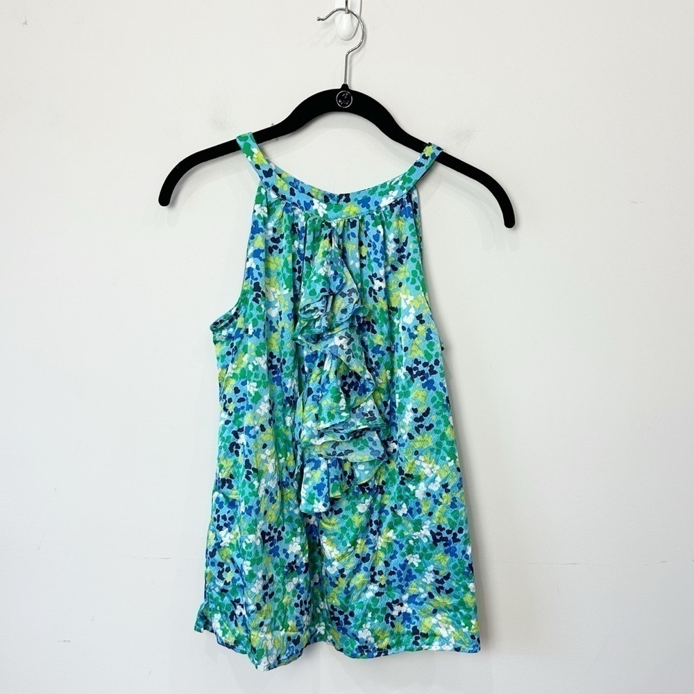 Lilly Pulitzer Silk Tank Top Blue Ruffle keyhole halter neckline